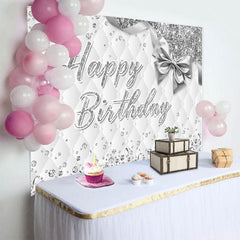 Aperturee - Aperturee Grey White Vibe Bow Glitter Happy Birthday Backdrop