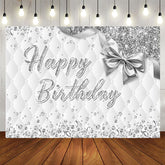 Aperturee - Aperturee Grey White Vibe Bow Glitter Happy Birthday Backdrop