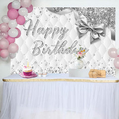 Aperturee - Aperturee Grey White Vibe Bow Glitter Happy Birthday Backdrop