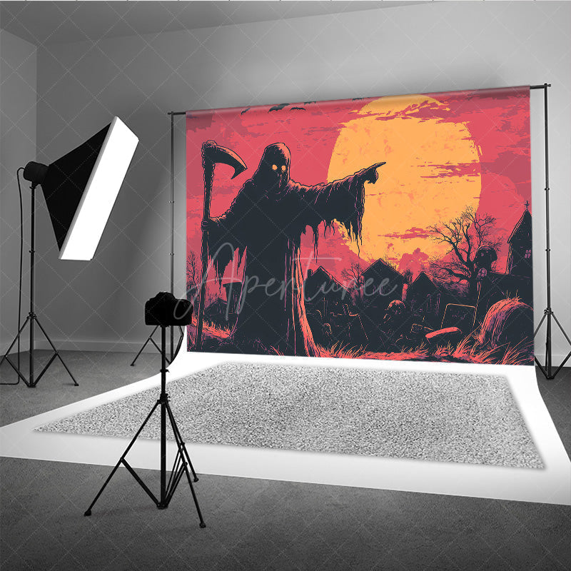 Aperturee - Aperturee Grim Reaper in Graveyard Photography Backdrop Comic Art Full Moon Scene Spooky Halloween Photo Shoots