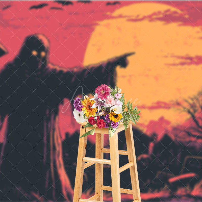 Aperturee - Aperturee Grim Reaper in Graveyard Photography Backdrop Comic Art Full Moon Scene Spooky Halloween Photo Shoots