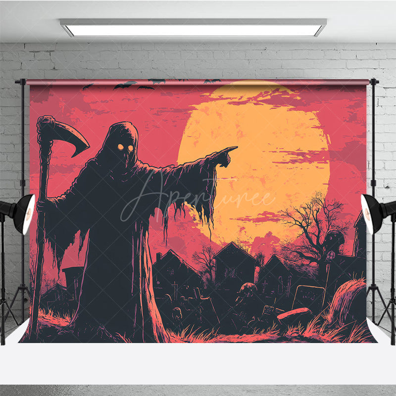 Aperturee - Aperturee Grim Reaper in Graveyard Photography Backdrop Comic Art Full Moon Scene Spooky Halloween Photo Shoots