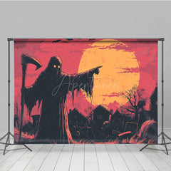Aperturee - Aperturee Grim Reaper in Graveyard Photography Backdrop Comic Art Full Moon Scene Spooky Halloween Photo Shoots