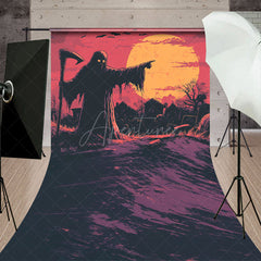 Aperturee - Aperturee Grim Reaper in Graveyard Sweep Backdrop Comic Art Full Moon Scene Spooky Halloween Photo Shoots