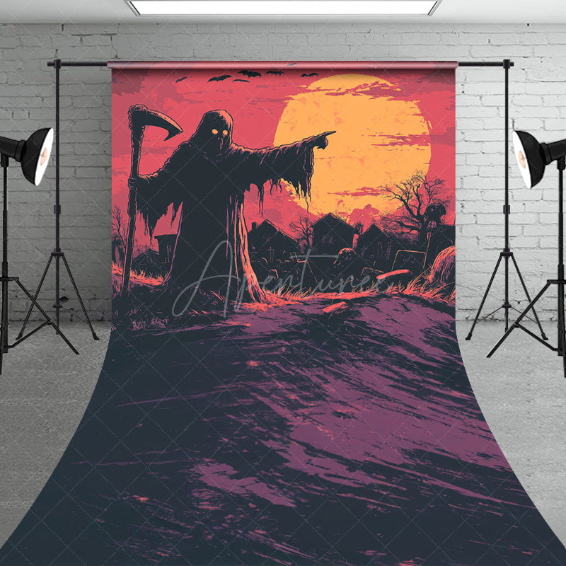 Aperturee - Aperturee Grim Reaper in Graveyard Sweep Backdrop Comic Art Full Moon Scene Spooky Halloween Photo Shoots