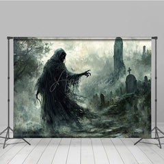 Aperturee - Aperturee Grim Reaper in Haunted Graveyard Photography Backdrop Misty Ghost Scene for Fine Art Spooky Halloween Portraits