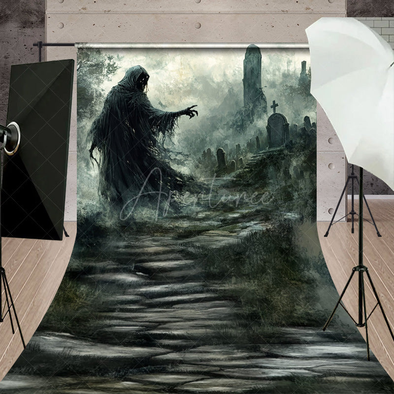Aperturee - Aperturee Grim Reaper in Haunted Graveyard Sweep Backdrop Misty Ghost Scene for Fine Art Spooky Halloween Portraits