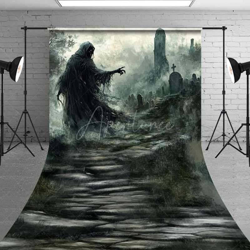Aperturee - Aperturee Grim Reaper in Haunted Graveyard Sweep Backdrop Misty Ghost Scene for Fine Art Spooky Halloween Portraits