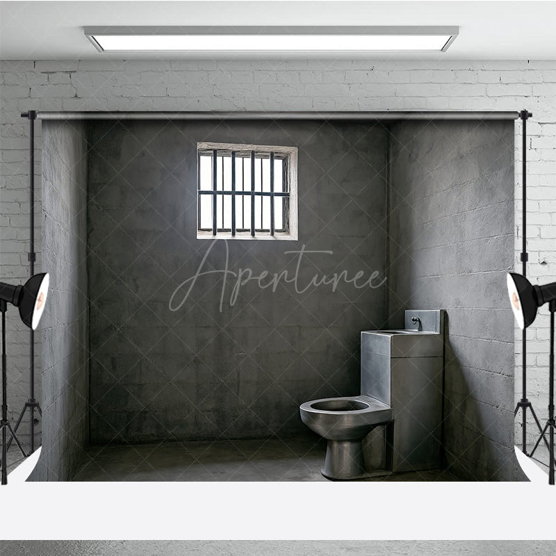 Aperturee - Aperturee Gritty Prison Cell Photography Backdrop Concrete Jail Room with Barred Window for Themed Escape Room Photos