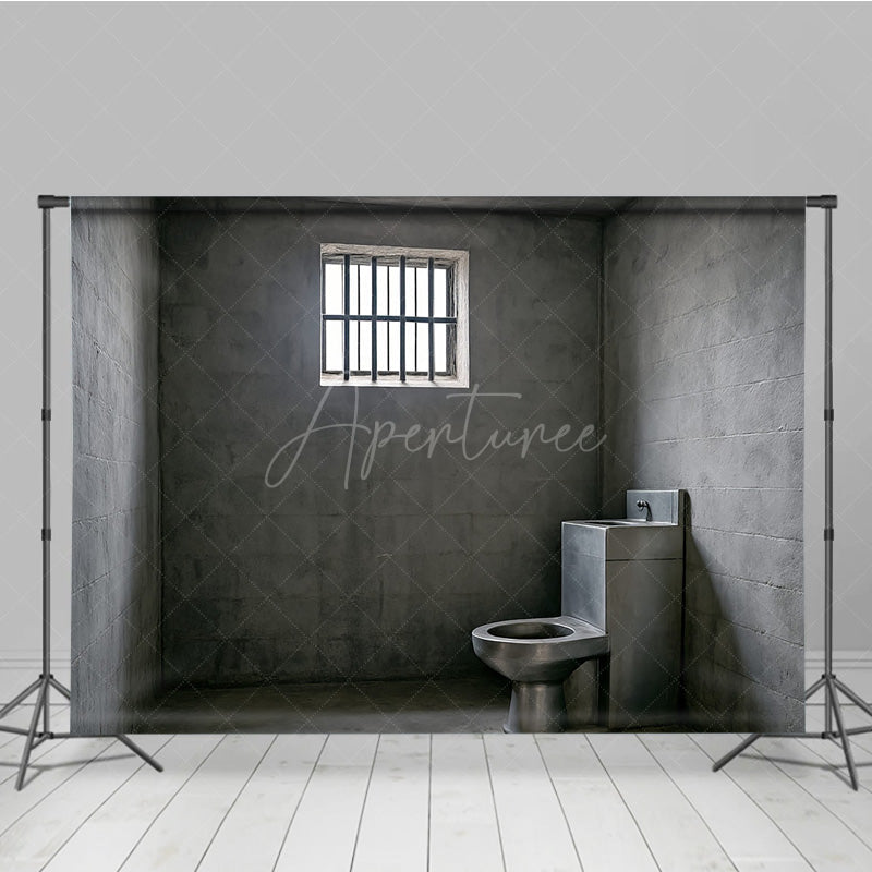 Aperturee - Aperturee Gritty Prison Cell Photography Backdrop Concrete Jail Room with Barred Window for Themed Escape Room Photos