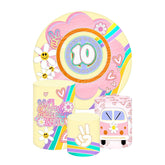 Aperturee Aperturee Groovy 10th Birthday Round Backdrop Kit Retro Daisy and Peace Sign Van Two Groovy Hippie Party Photo Prop