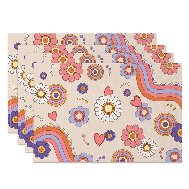 Aperturee - Aperturee Groovy Colorful Rainbow Daisy Set of 4 Placemats