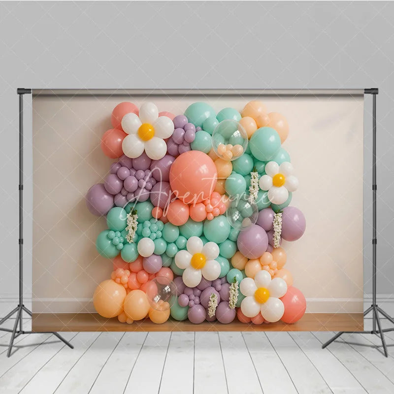 Aperturee - Aperturee Groovy Daisy Balloon Wall Photography Backdrop Pastel Floral Decor for Two Groovy First Birthday Cake Smash