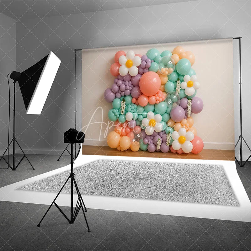 Aperturee - Aperturee Groovy Daisy Balloon Wall Photography Backdrop Pastel Floral Decor for Two Groovy First Birthday Cake Smash