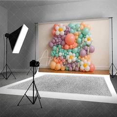 Aperturee - Aperturee Groovy Daisy Balloon Wall Photography Backdrop Pastel Floral Decor for Two Groovy First Birthday Cake Smash