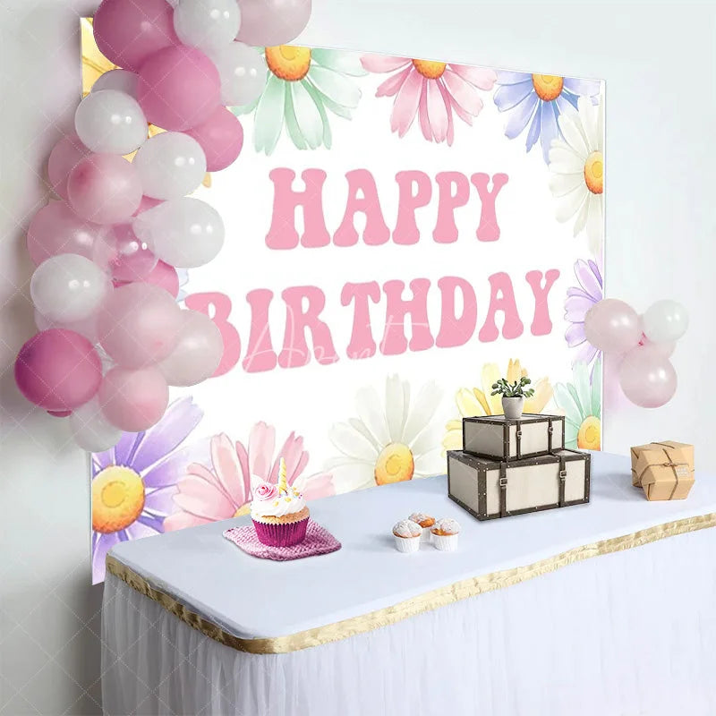 Aperturee - Aperturee Groovy Daisy Birthday Backdrop Pastel Flower Happy Birthday Background for Girl Hippie Boho Floral Party Photo Booth