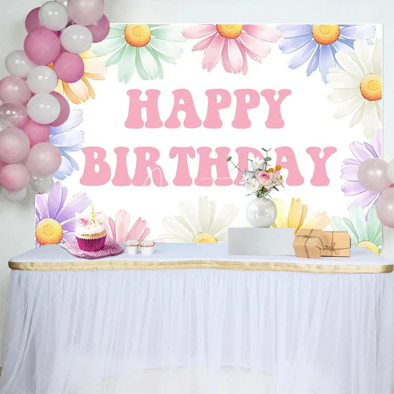 Aperturee - Aperturee Groovy Daisy Birthday Backdrop Pastel Flower Happy Birthday Background for Girl Hippie Boho Floral Party Photo Booth