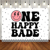 Aperturee - Aperturee Groovy One Happy Babe 1st Birthday Backdrop Retro Pink Smiley Face and Checkered Party Banner