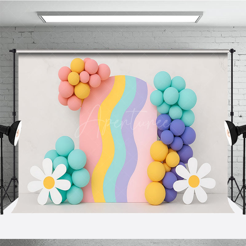 Aperturee Aperturee Groovy Rainbow Cake Smash Backdrop Wavy Arch with Balloons and Daisies Retro First Birthday Photography Prop