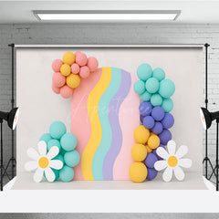 Aperturee Aperturee Groovy Rainbow Cake Smash Backdrop Wavy Arch with Balloons and Daisies Retro First Birthday Photography Prop