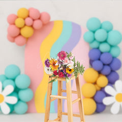 Aperturee Aperturee Groovy Rainbow Cake Smash Backdrop Wavy Arch with Balloons and Daisies Retro First Birthday Photography Prop