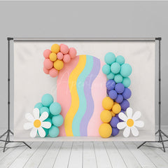 Aperturee Aperturee Groovy Rainbow Cake Smash Backdrop Wavy Arch with Balloons and Daisies Retro First Birthday Photography Prop