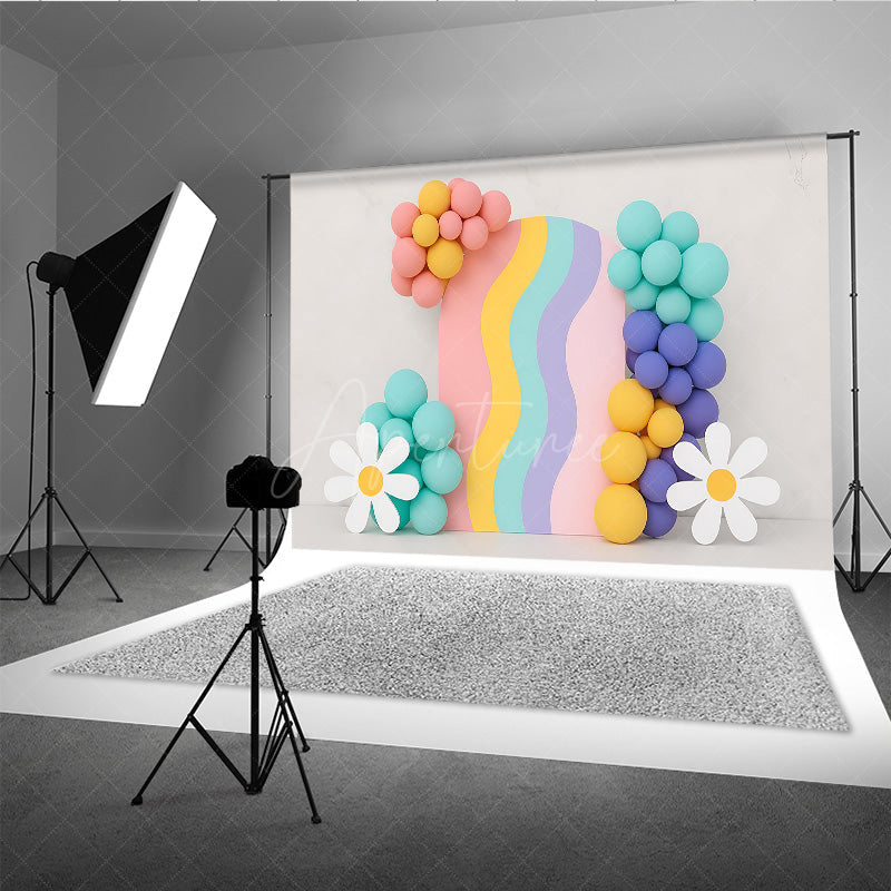 Aperturee Aperturee Groovy Rainbow Cake Smash Backdrop Wavy Arch with Balloons and Daisies Retro First Birthday Photography Prop