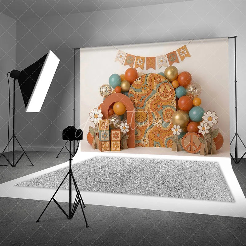 Aperturee - Aperturee Groovy Retro Hippie Photography Backdrop with Peace Signs and Daisy Flowers 60s 70s Theme Birthday Party Decor