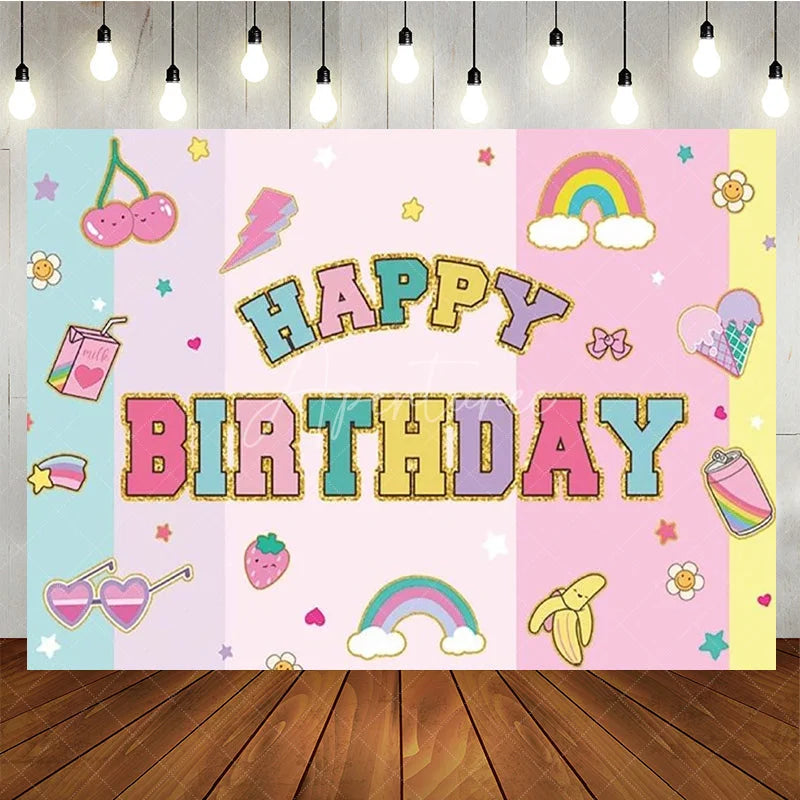 Aperturee - Aperturee Groovy Y2K Happy Birthday Backdrop Pastel Retro with Rainbows and Cherries 90s Themed Cute Party Photo Prop