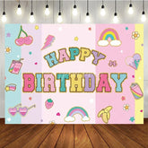 Aperturee - Aperturee Groovy Y2K Happy Birthday Backdrop Pastel Retro with Rainbows and Cherries 90s Themed Cute Party Photo Prop