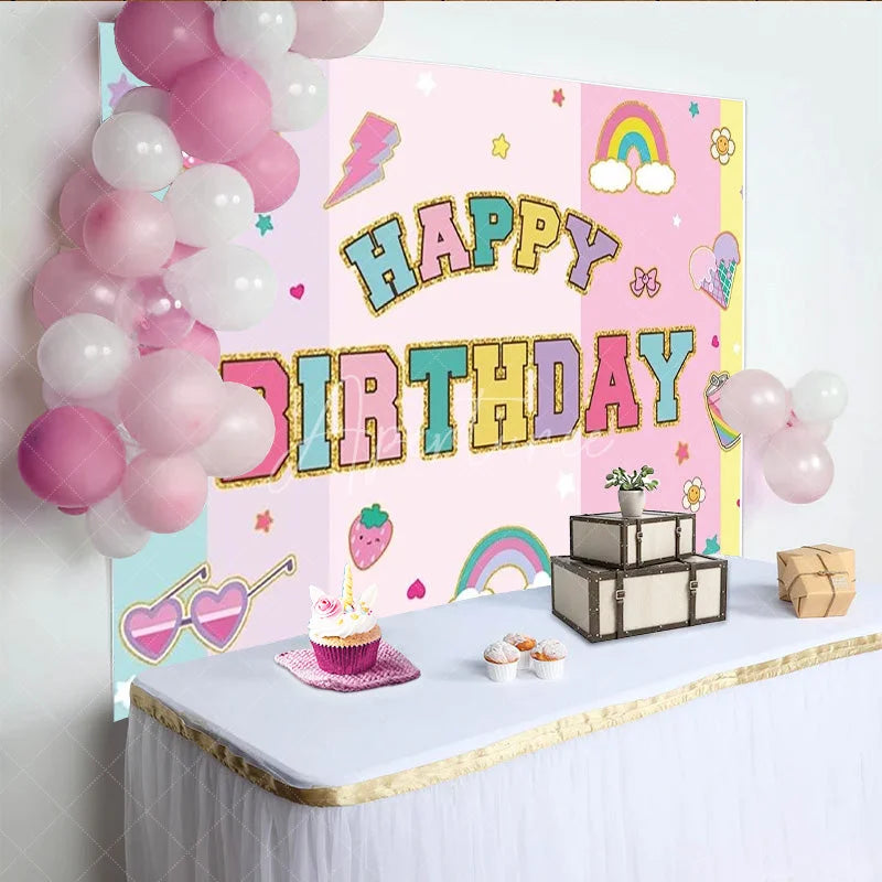 Aperturee - Aperturee Groovy Y2K Happy Birthday Backdrop Pastel Retro with Rainbows and Cherries 90s Themed Cute Party Photo Prop