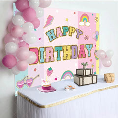 Aperturee - Aperturee Groovy Y2K Happy Birthday Backdrop Pastel Retro with Rainbows and Cherries 90s Themed Cute Party Photo Prop