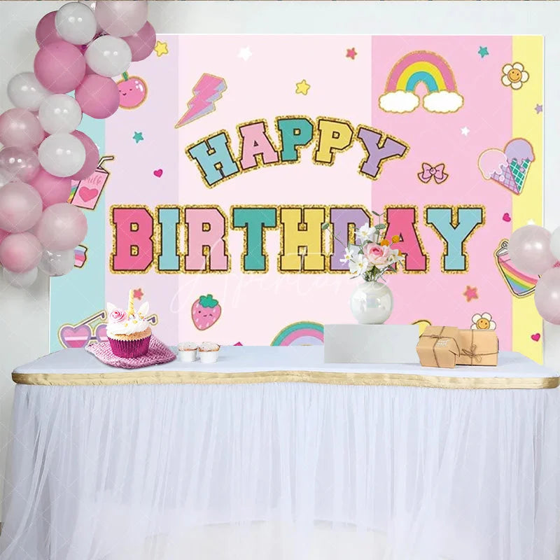 Aperturee - Aperturee Groovy Y2K Happy Birthday Backdrop Pastel Retro with Rainbows and Cherries 90s Themed Cute Party Photo Prop