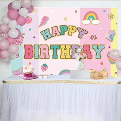 Aperturee - Aperturee Groovy Y2K Happy Birthday Backdrop Pastel Retro with Rainbows and Cherries 90s Themed Cute Party Photo Prop