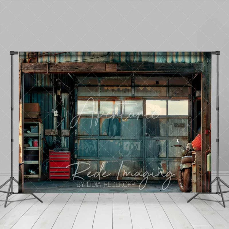 Aperturee - Aperturee Grunge Garage Photography Backdrop Rusted Metal Door Vintage Motorcycle Background Industrial Man Cave Photo Prop