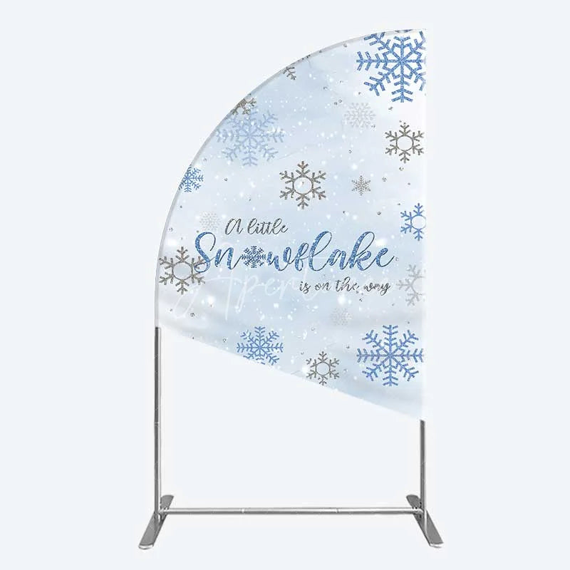 Aperturee - Aperturee Half Moon Arch Backdrop A Little Snowflake Is On The Way Cover Winter Blue Silver Baby Shower Background Boy Party