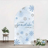 Aperturee - Aperturee Half Moon Arch Backdrop A Little Snowflake Is On The Way Cover Winter Blue Silver Baby Shower Background Boy Party