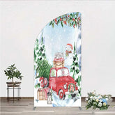 Aperturee - Aperturee Half Moon Arch Backdrop Christmas Red Truck Winter Snow Cover Watercolor Pine Tree Xmas Decoration Holiday Party