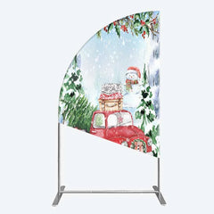Aperturee - Aperturee Half Moon Arch Backdrop Christmas Red Truck Winter Snow Cover Watercolor Pine Tree Xmas Decoration Holiday Party