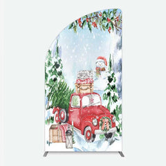 Aperturee - Aperturee Half Moon Arch Backdrop Christmas Red Truck Winter Snow Cover Watercolor Pine Tree Xmas Decoration Holiday Party