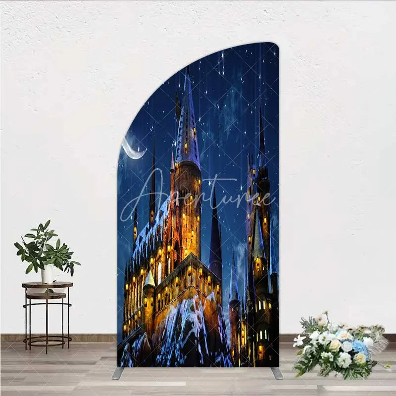 Aperturee - Aperturee Half Moon Arch Backdrop Magic Castle Night Wizard School Winter Moon Starry Sky Half Moon Arch Cover