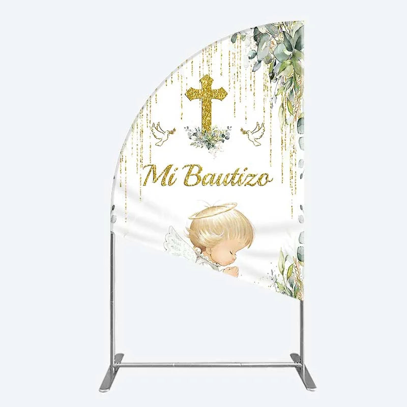 Aperturee - Aperturee Half Moon Arch Backdrop Mi Bautizo Angel Gold Cross Cover Greenery Eucalyptus Baptism Chiara Wall Background