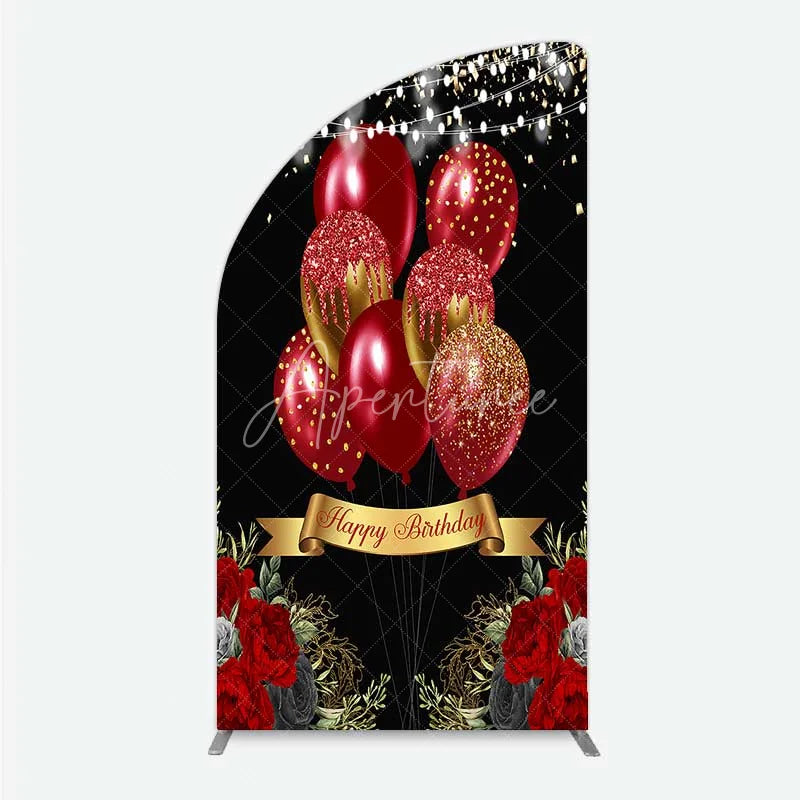 Aperturee - Aperturee Half Moon Arch Backdrop Red Gold Balloons Happy Birthday Cover Black Floral Rose Chiara Wall Background Party