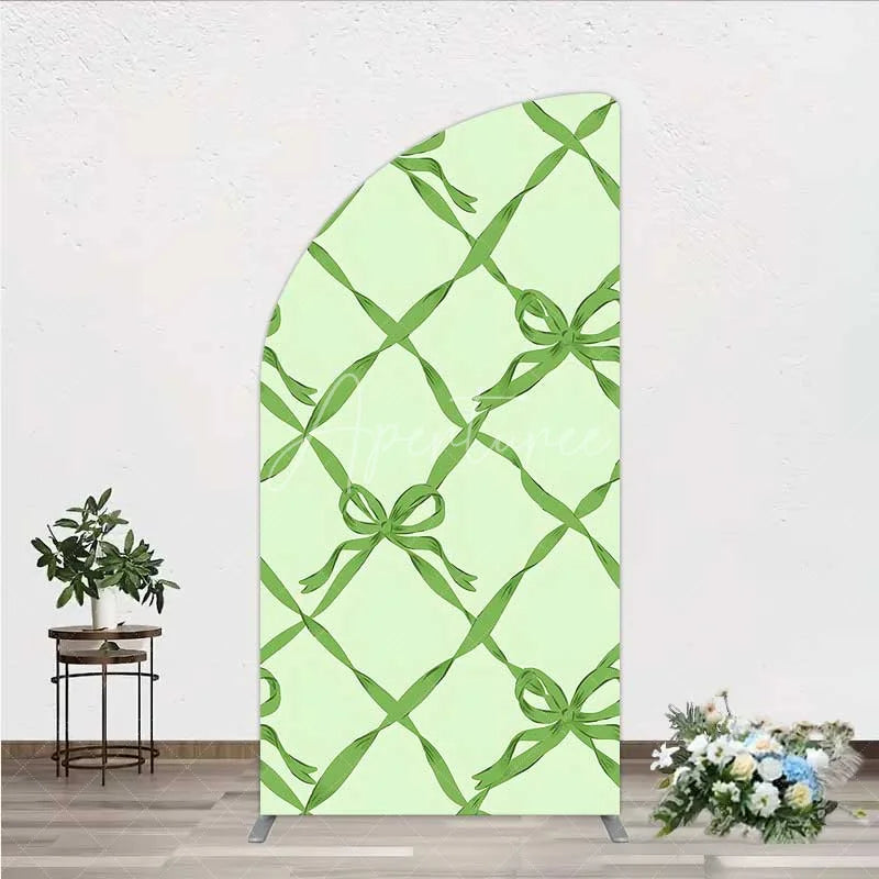 Aperturee - Aperturee Half Moon Arch Backdrop Sage Green Bow Ribbon Lattice Pattern Party Decoration