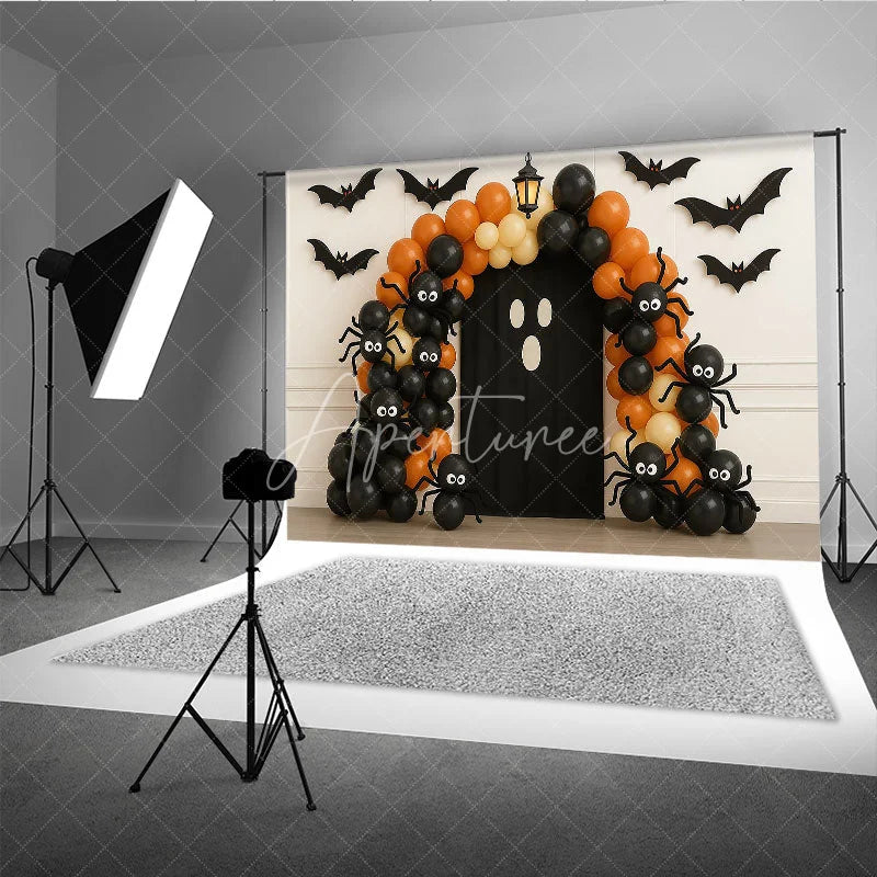 Aperturee - Aperturee Halloween Balloon Arch Photography Backdrop Orange and Black Ghost and Spider Spooky Party Photo Booth Decor