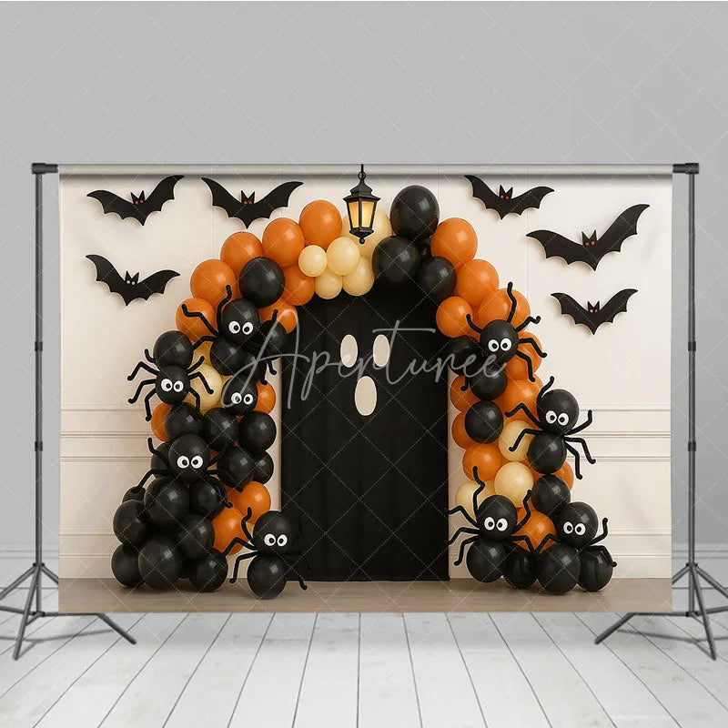 Aperturee - Aperturee Halloween Balloon Arch Photography Backdrop Orange and Black Ghost and Spider Spooky Party Photo Booth Decor