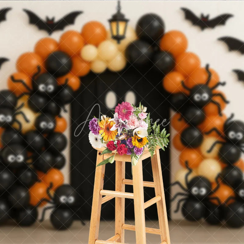 Aperturee - Aperturee Halloween Balloon Arch Photography Backdrop Orange and Black Ghost and Spider Spooky Party Photo Booth Decor