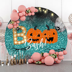 Aperturee Aperturee Halloween Boo Bash Round Backdrop Teal Glitter with Pumpkins and Spiders Spooky Cute Kids Party Photo Prop