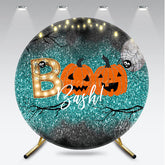 Aperturee Aperturee Halloween Boo Bash Round Backdrop Teal Glitter with Pumpkins and Spiders Spooky Cute Kids Party Photo Prop