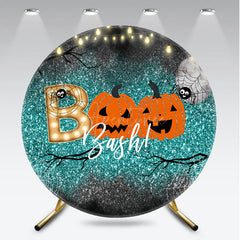 Aperturee Aperturee Halloween Boo Bash Round Backdrop Teal Glitter with Pumpkins and Spiders Spooky Cute Kids Party Photo Prop